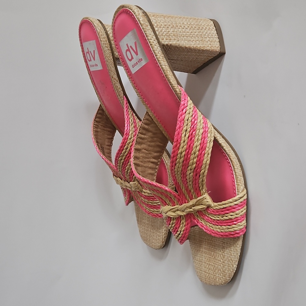 New Dolce Vita Haady Woven Rattan Block Heel Tan And Pink Sandal Size 10 View 6